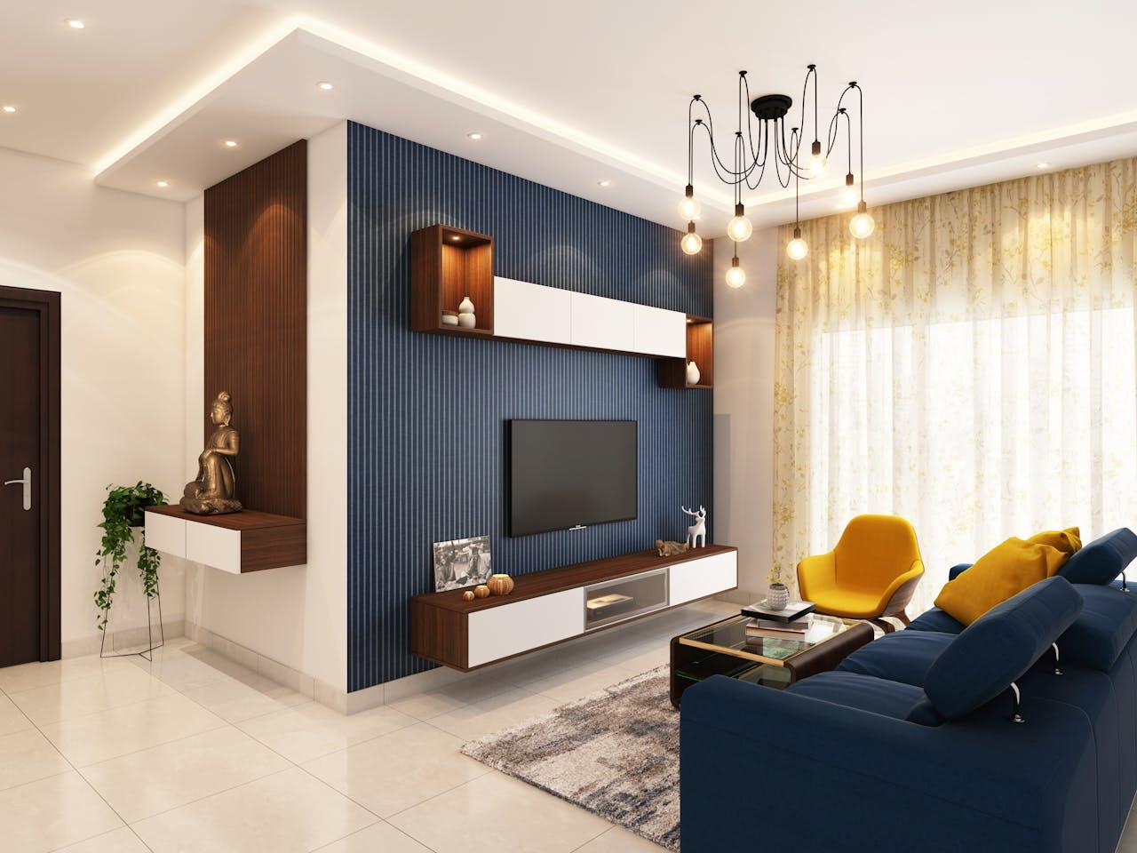 living room with blue feature wall